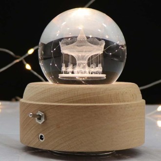 Girl Bedside Lamp Crystal Ball Wooden Base Music Box Charging Glow Rotating Night Light, Random Music(Carousel)