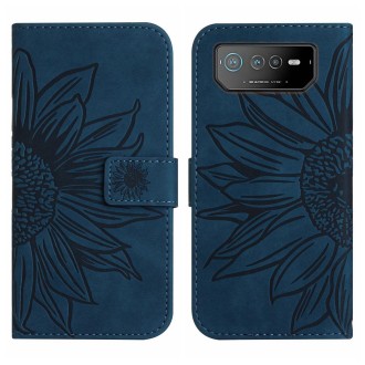 For Asus ROG Phone 6 Skin Feel Sun Flower Pattern Flip Leather Phone Case with Lanyard(Inky Blue)