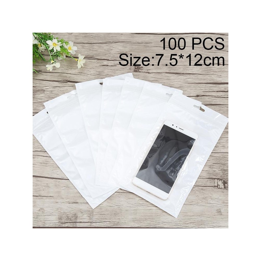 100 PCS 7.5cm x 12cm Hang Hole Clear Front White Pearl Jewelry Zip Lock Packaging Bag, Custom Printing and Size are welcome