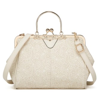 036 Vintage Buckle Handbags Leather Adjustable Crossbody Bag(Lace White)