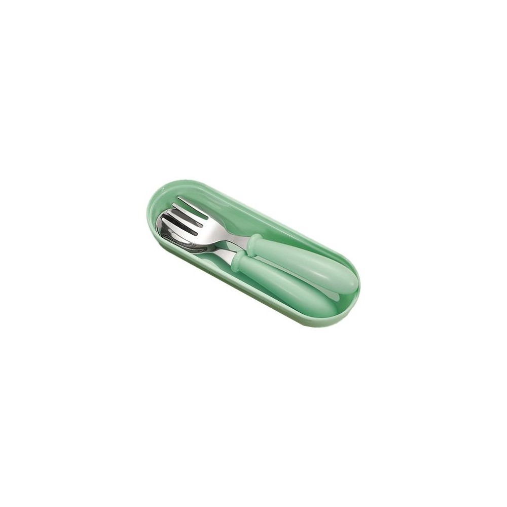 3 PCS/ Set 304 Stainless Steel Spoon and Fork Box Cute Baby Kindergarten Tableware Set(Green)