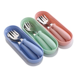 3 PCS/ Set 304 Stainless Steel Spoon and Fork Box Cute Baby Kindergarten Tableware Set(Green)