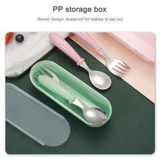 3 PCS/ Set 304 Stainless Steel Spoon and Fork Box Cute Baby Kindergarten Tableware Set(Green)