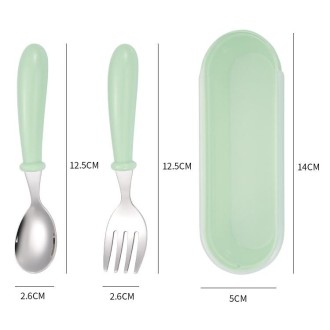 3 PCS/ Set 304 Stainless Steel Spoon and Fork Box Cute Baby Kindergarten Tableware Set(Green)