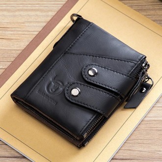 BULL CAPTAIN  Leather Three-fold Zipper Wallet For Men(Black)