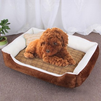 Dog Bone Pattern Big Soft Warm Kennel Pet Dog Cat Mat Blanket, with Rattan Mat Size: S, 60×45×15cm (Brown White)