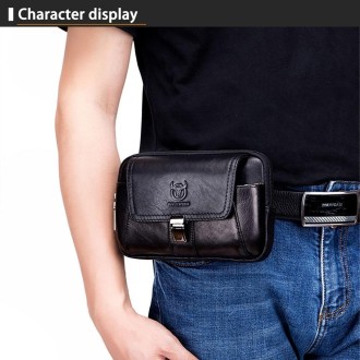 BULL CAPTAIN Multifunctional Leather Mobile Phone Small Waist Bag For Men(Vertical Black)