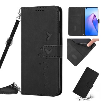 For OPPO Reno8 5G/Reno8 5G Global Skin Feel Heart Pattern Leather Phone Case with Lanyard(Black)