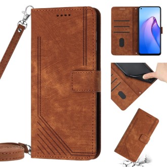 For OPPO Reno8 Pro / Reno8 Pro+ Skin Feel Stripe Pattern Leather Phone Case with Lanyard(Brown)