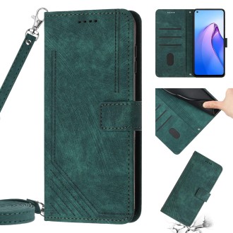 For OPPO Reno8 5G Skin Feel Stripe Pattern Leather Phone Case with Lanyard(Green)