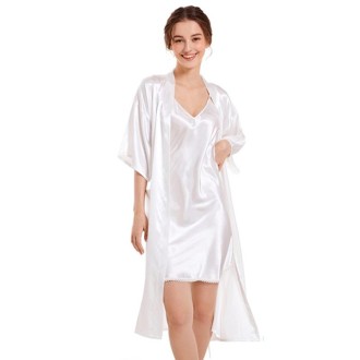 Imitation Silk Pure Color Sexy V-neck Nightgown Sling Skirt 2 in 1 Kit, Size:S(White)