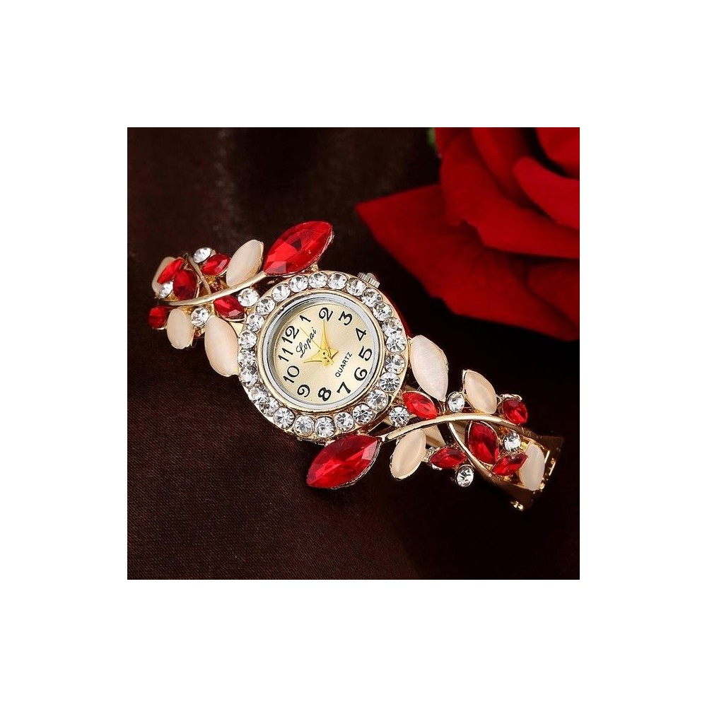 Ladies Retro Round Dial Diamond Petal Bracelet Quartz Watch(Red)