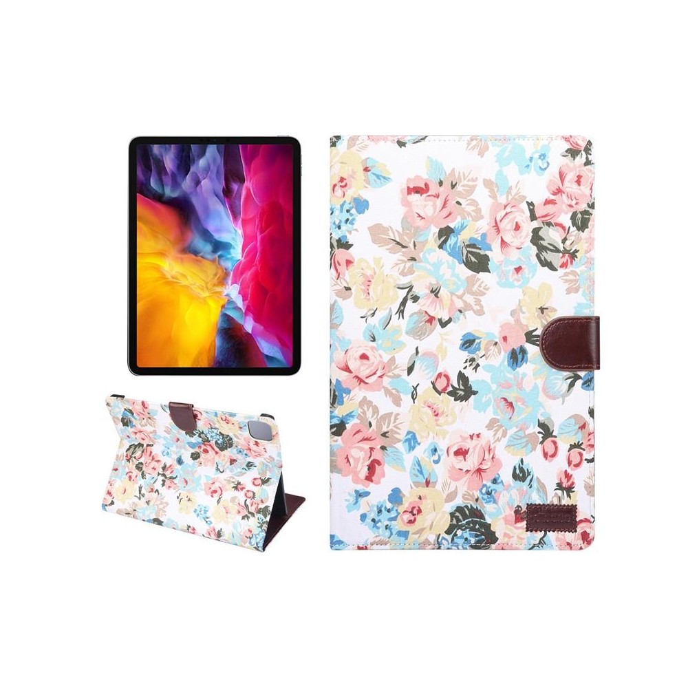 For iPad Pro 11 inch 2020 / 2021 PC + Left And Right Flowering Cloth Holster Wallet Card Holder With Dormancy(White Flower)