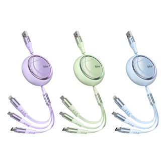 WK WDC-05 66W 3 in 1 USB to 8 Pin + Micro USB + USB-C / Type-C Retractable Fast Charging Data Cable, Length: 1.2m(Purple)