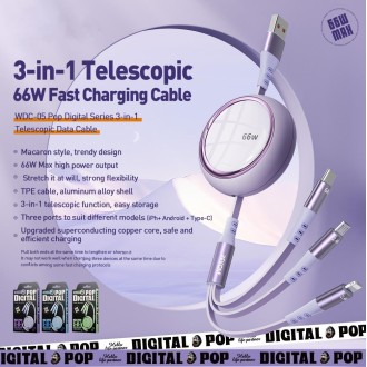 WK WDC-05 66W 3 in 1 USB to 8 Pin + Micro USB + USB-C / Type-C Retractable Fast Charging Data Cable, Length: 1.2m(Purple)