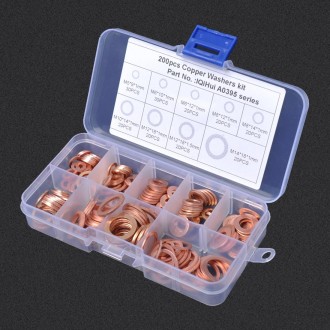 200 PCS O Shape Solid Copper Crush Washers Assorted Oil Seal Flat Ring Kit for Car / Boat  / Generators