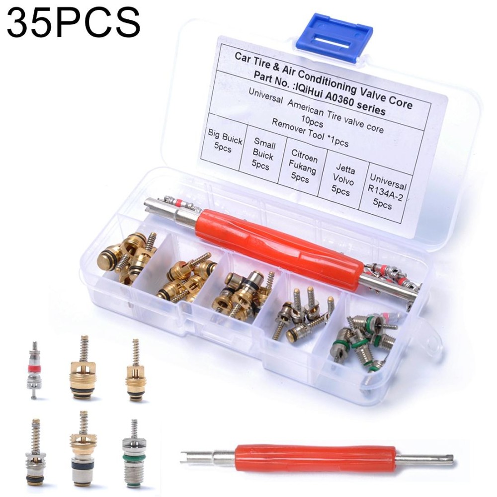 35 PCS Car R134A Air Condition Valve Core Assortment with Remover Tool for Buick / Citroen / Jetta