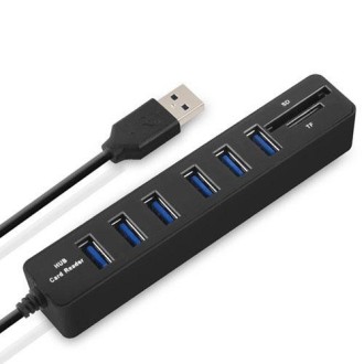 Multi USB 2.0 Hub USB Splitter High Speed 6 Ports with TF SD Card Reader(Black)