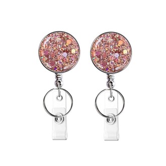 2pcs  Diamond Glitter Sequins Retractable Pull Badge Reel Name Tag Card Badge Holder(Lotus Pink)