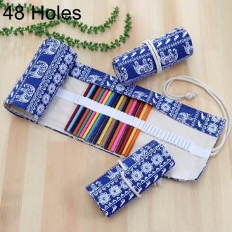 48 Slots Ethnic Elephant Print Pen Bag Canvas Pencil Wrap Curtain Roll Up Pencil Case Stationery Pouch