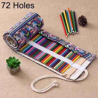 72 Slots Ethnic Print Pen Bag Canvas Pencil Wrap Curtain Roll Up Pencil Case Stationery Pouch