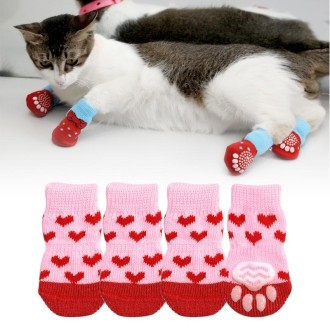 4pcs /Set  Pet Dog Puppy Cat Shoes Slippers Non-Slip Socks Pet Cute Indoor for Small Dogs Cats Snow Boots Socks, Size:S(Light Re