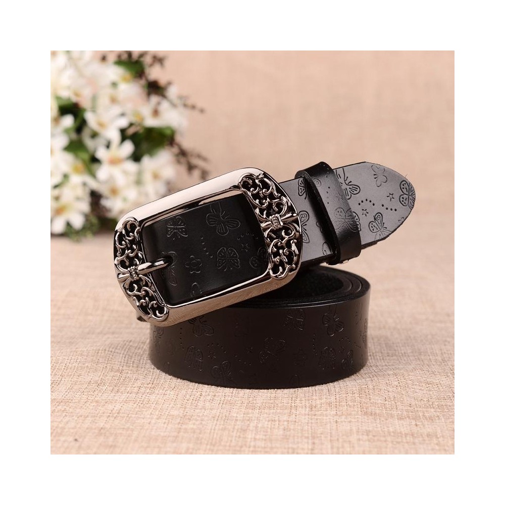 ZK--067 Retro Engraved Buckle Butterfly Print Pin Buckle Leather Belt, Length: 110cm(Black)