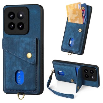 For Xiaomi 14 Pro Retro Card Wallet Fold Leather Phone Case with Strap(Blue)