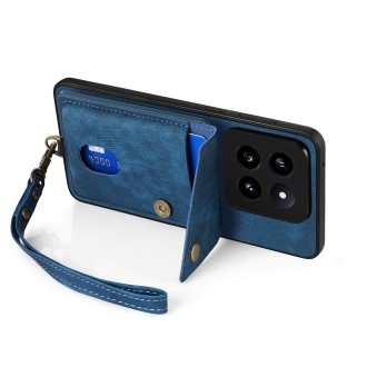 For Xiaomi 14 Pro Retro Card Wallet Fold Leather Phone Case with Strap(Blue)