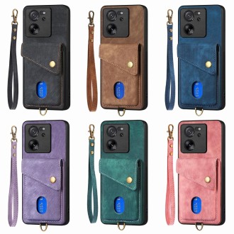 For Xiaomi 14 Pro Retro Card Wallet Fold Leather Phone Case with Strap(Blue)