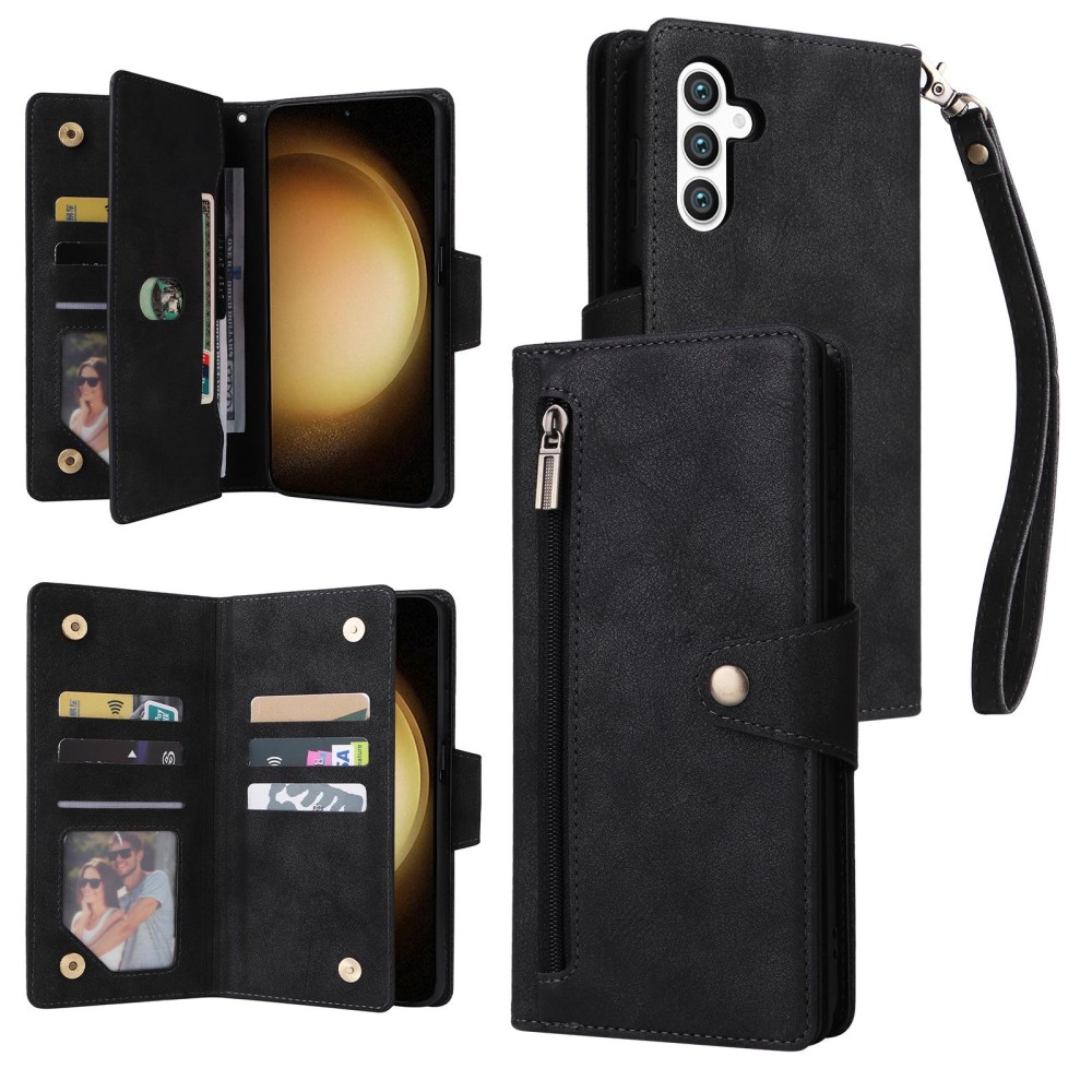 For Samsung Galaxy S24+ 5G Rivet Buckle 9 Cards 3-Fold Wallet Leather Phone Case(Black)