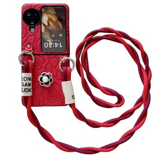 For OPPO Find N3 Flip Impression Camellia Pattern Protective Phone Case with Long Lanyard(Red)