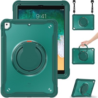 For iPad Air / Air 2 / 9.7 2018 / 2017 Heavy Duty Hybrid Tablet Case with Handle & Strap(Dark Green)