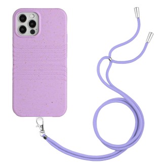 For iPhone 13 Pro Wheat Straw Material Degradable TPU Phone Case with Lanyard(Purple)