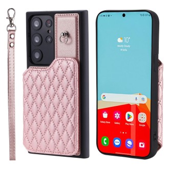 For Samsung Galaxy S23 Ultra 5G Grid Texture Card Bag Phone Case with Lanyard(Rose Gold)