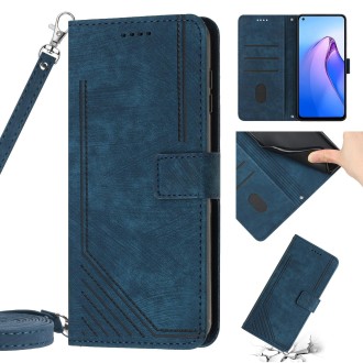 For OPPO Reno8 5G Skin Feel Stripe Pattern Leather Phone Case with Lanyard(Blue)