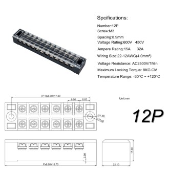 5 PCS Car 12-way TB-1512 Dual Row Power Terminal Connector + 12-position Connection Strip with Cover