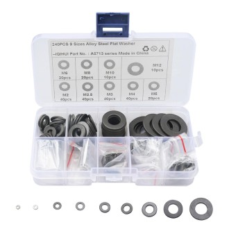 A5713 240 PCS 9 Sizes Black Carbon Steel Flat Washers Set