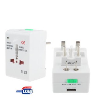 Universal US / EU / AU / UK Travel AC Power Adaptor Plug with USB Charger Socket(White)