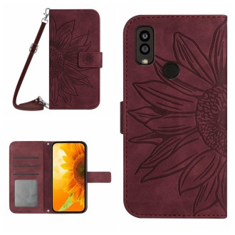 For Kyocera Android One S9 Skin Feel Sun Flower Pattern Flip Leather Phone Case with Lanyard(Wine Red)