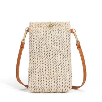 Summer Beach Bag Ladies One Shoulder Mobile Phone Bag Straw Coin Purse, Color: Beige Magnetic Buckle