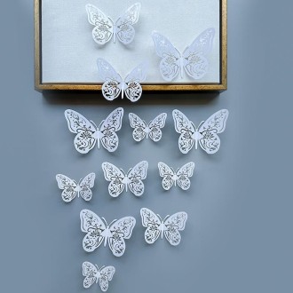 12pcs /Set 3D Simulation Skeleton Butterfly Stickers Home Background Wall Decoration Art Wall Stickers, Type: C Type White