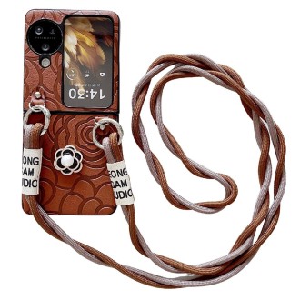 For OPPO Find N3 Flip Impression Camellia Pattern Protective Phone Case with Long Lanyard(Brown)