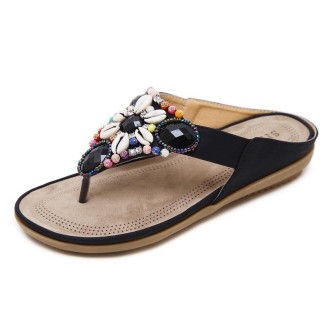 Ladies Summer Bohemian Sandals Seaside Retro Beaded Shell Slippers, Size: 38(Black)