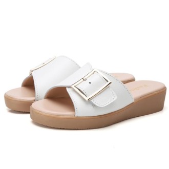 Casual Simple Non-slip Wear-resistant Square Buckle Beach Slippers Sandals for Women (Color:White Size:38)