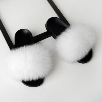 Fox Fur Slippers Flip-flops Non-slip Flat Fur Shoes Sandals for Women, Shoe Size:38-39(24cm)(White)