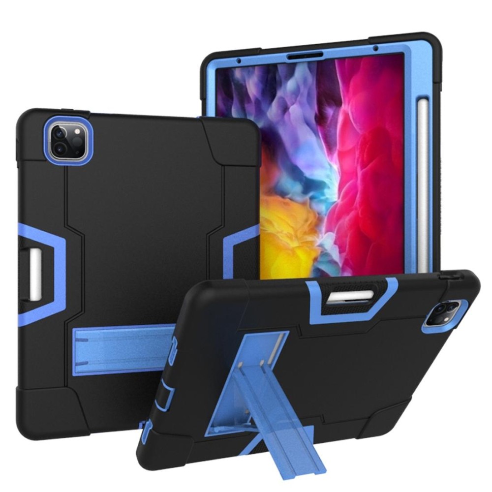 For iPad Pro 12.9 2021 / 2020 / 2019 Contrast Color Silicone + PC Protective Tablet Case with Holder(Black + Blue)