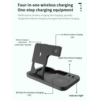 0W01 4 in 1 Multi-function Foldable Fast Charging Wireless Charger Stand for iPhone & Apple Pencil & iWatch & AirPods(White)