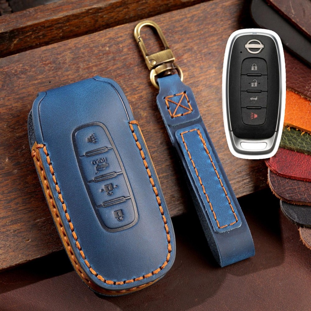 For Nissan Teana / Ariya 4-button Horn Hallmo Car Cowhide Leather Key Protective Cover Key Case(Blue)