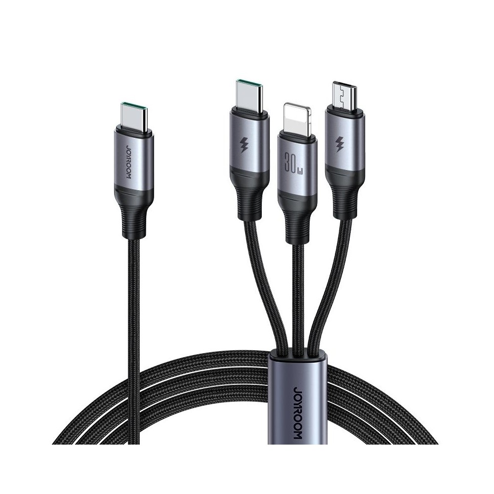 JOYROOM A21 30W Type-C to 8 Pin+Type-C+Micro USB 3 in 1 Charging Cable, Length: 1.5m(Black)